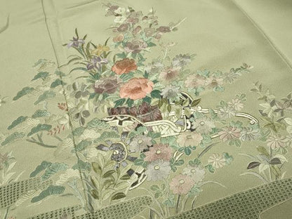 平和屋着物●色留訪問着　翠山刺繍　花車文　暈し染め　金糸　正絹　逸品　CABK2258gh