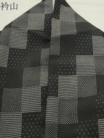 平和屋着物●本塩沢　市松文　黒地　正絹　逸品　CABK2259gh