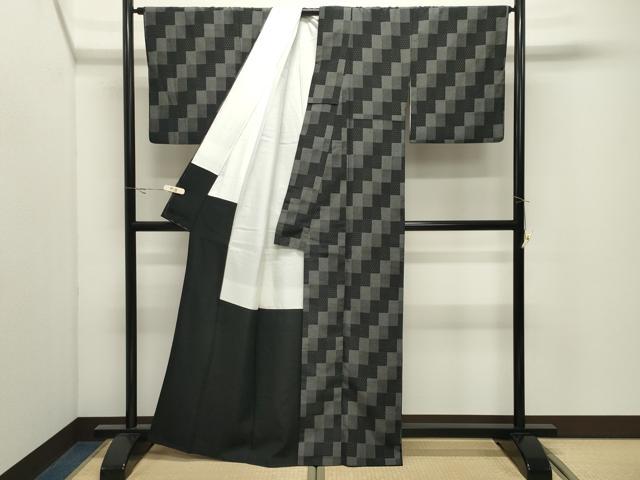 平和屋着物●本塩沢　市松文　黒地　正絹　逸品　CABK2259gh