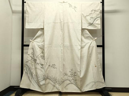 平和屋着物●西陣　京都友禅作家集団　名門　倉染匠　一乃倉　訪問着　紬地　手描き　遠山風景文　正絹　逸品　CABK2295gh