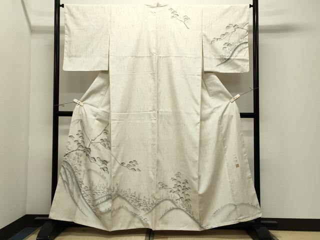 平和屋着物●西陣　京都友禅作家集団　名門　倉染匠　一乃倉　訪問着　紬地　手描き　遠山風景文　正絹　逸品　CABK2295gh
