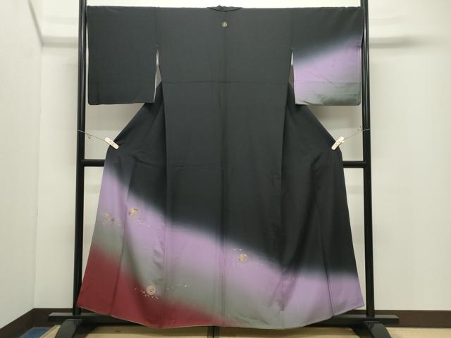 平和屋着物●訪問着　刺繍　飛鶴文　暈し染め　黒地　金糸　正絹　逸品　CABK2303gh