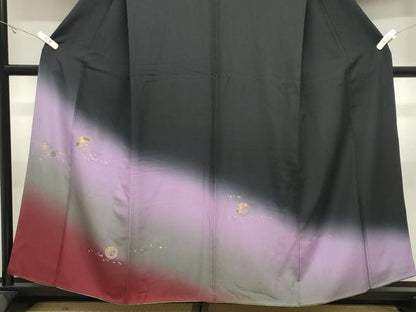 平和屋着物●訪問着　刺繍　飛鶴文　暈し染め　黒地　金糸　正絹　逸品　CABK2303gh