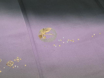 平和屋着物●訪問着　刺繍　飛鶴文　暈し染め　黒地　金糸　正絹　逸品　CABK2303gh