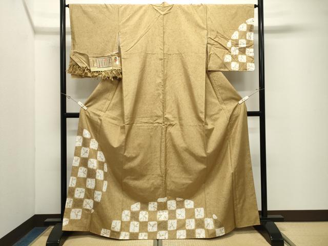 平和屋着物●石川県指定無形文化財　牛首紬　白山工房　手織り　訪問着　絞り　市松花文　証紙付き　正絹　逸品　CABK2315gh
