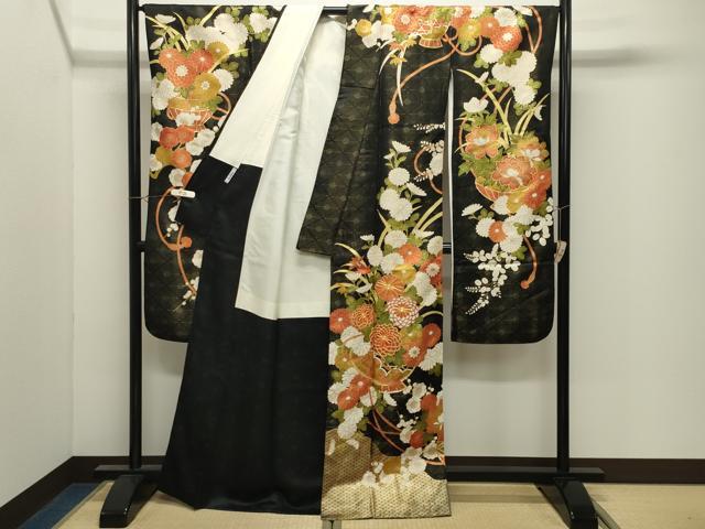 平和屋着物●豪華振袖　駒刺繍　花籠文　黒地　金彩　金通し地　正絹　逸品　CABK2324gh