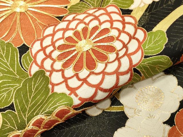 平和屋着物●豪華振袖　駒刺繍　花籠文　黒地　金彩　金通し地　正絹　逸品　CABK2324gh