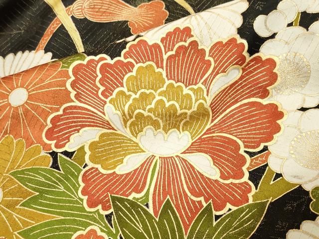 平和屋着物●豪華振袖　駒刺繍　花籠文　黒地　金彩　金通し地　正絹　逸品　CABK2324gh