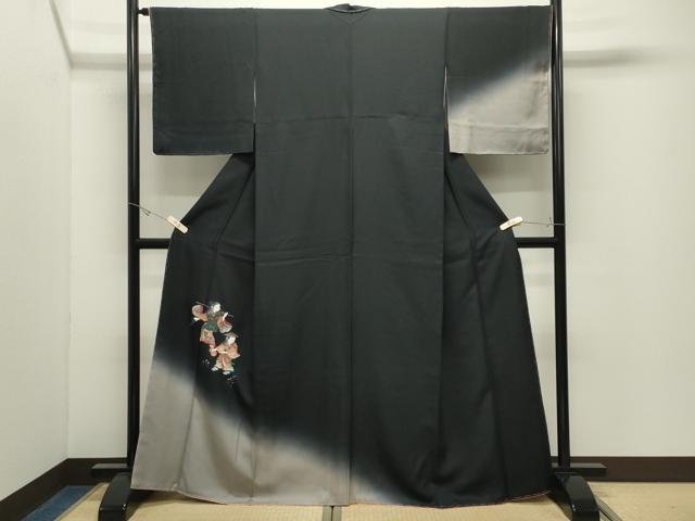 平和屋着物●訪問着　手描き　人物文　暈し染め　黒地　金彩　さが美扱い　正絹　逸品　未使用　CABK2336gh