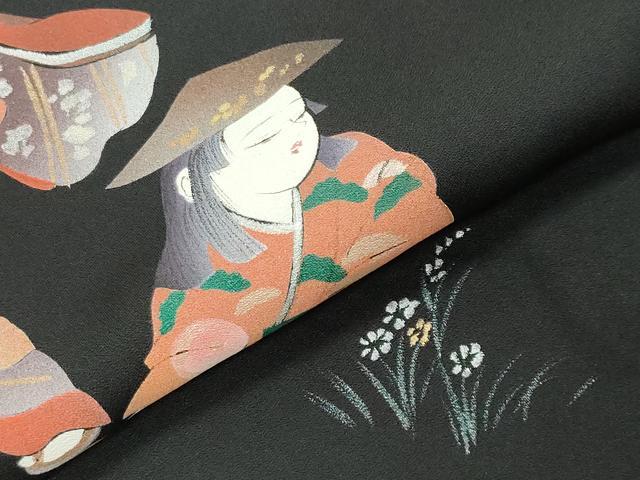 平和屋着物●訪問着　手描き　人物文　暈し染め　黒地　金彩　さが美扱い　正絹　逸品　未使用　CABK2336gh