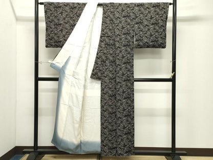 平和屋着物●上質な小紋　松葉文　黒地　正絹　逸品　CABK2340gh