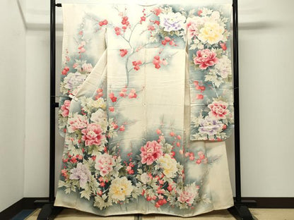 平和屋着物●豪華振袖　手描き　牡丹梅文　暈し染め　正絹　逸品　CABK2345gh