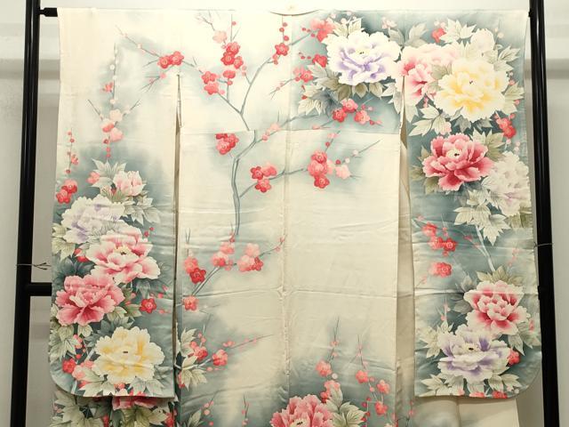平和屋着物●豪華振袖　手描き　牡丹梅文　暈し染め　正絹　逸品　CABK2345gh