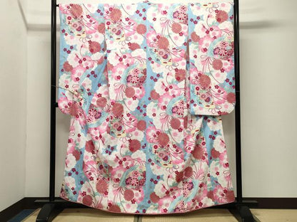 平和屋着物●小振袖　二尺袖　檜扇花文　金彩　洗える着物　CABK2352gh