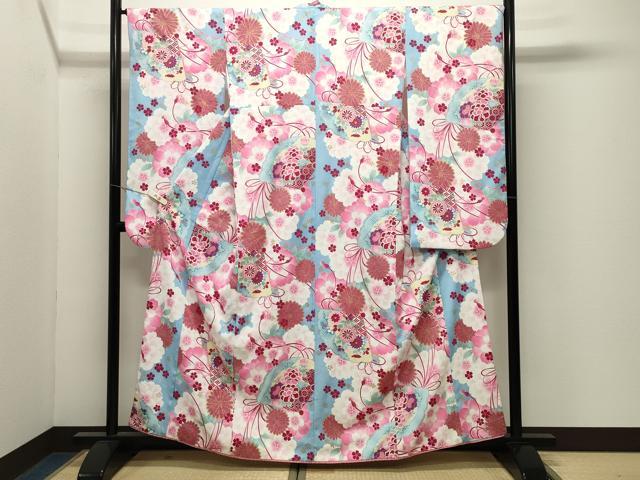 平和屋着物●小振袖　二尺袖　檜扇花文　金彩　洗える着物　CABK2352gh