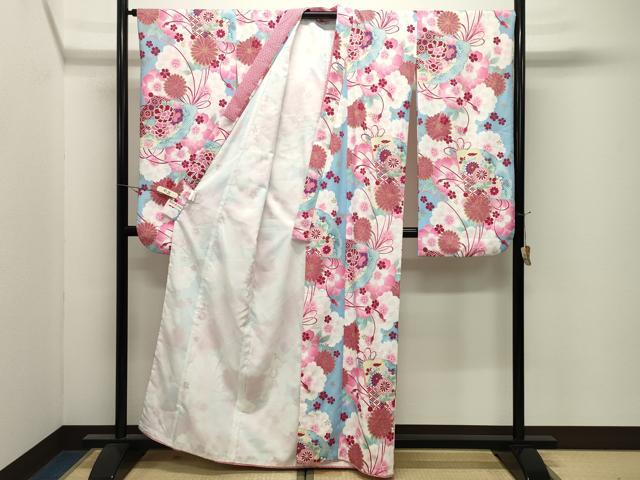 平和屋着物●小振袖　二尺袖　檜扇花文　金彩　洗える着物　CABK2352gh
