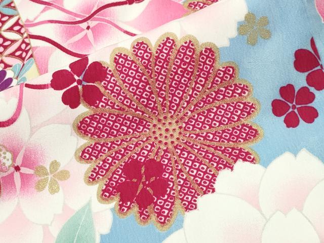平和屋着物●小振袖　二尺袖　檜扇花文　金彩　洗える着物　CABK2352gh