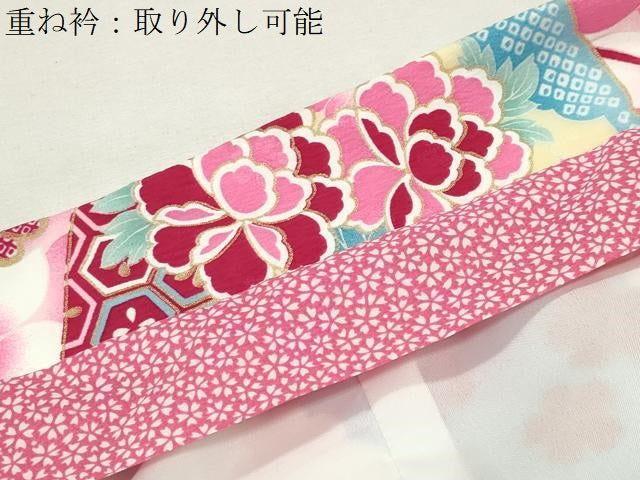平和屋着物●小振袖　二尺袖　檜扇花文　金彩　洗える着物　CABK2352gh