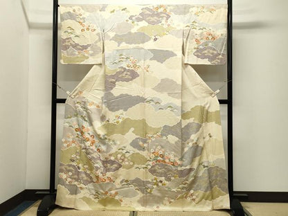 平和屋着物●訪問着　駒刺繍　雲重ね花文　金彩　正絹　逸品　CABK2381gh