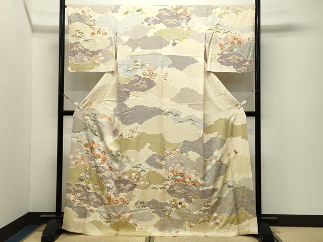 平和屋着物●訪問着　駒刺繍　雲重ね花文　金彩　正絹　逸品　CABK2381gh