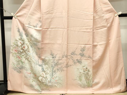 平和屋着物●訪問着　手描き　刺繍　休み鳥花文　暈し染め　金彩　正絹　逸品　CABK2382gh