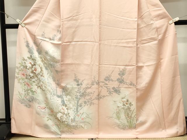 平和屋着物●訪問着　手描き　刺繍　休み鳥花文　暈し染め　金彩　正絹　逸品　CABK2382gh