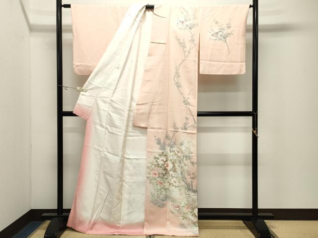 平和屋着物●訪問着　手描き　刺繍　休み鳥花文　暈し染め　金彩　正絹　逸品　CABK2382gh