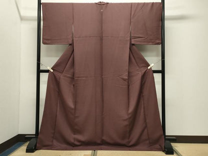 平和屋着物●上質な色無地　花菱地紋　赤褐色　ロング丈　正絹　逸品　CABK2392gh