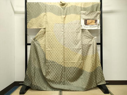 平和屋着物●訪問着　紬地　柿渋染　市松吉祥文　証紙付き　正絹　逸品　未使用　CABK2437gh