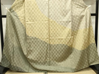 平和屋着物●訪問着　紬地　柿渋染　市松吉祥文　証紙付き　正絹　逸品　未使用　CABK2437gh