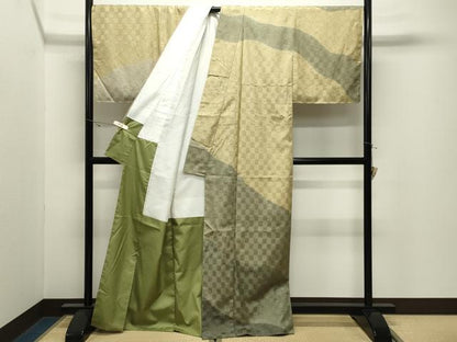 平和屋着物●訪問着　紬地　柿渋染　市松吉祥文　証紙付き　正絹　逸品　未使用　CABK2437gh