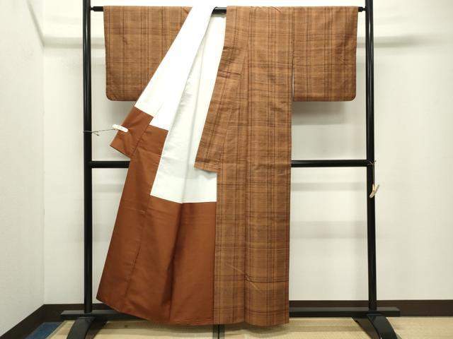 平和屋着物●郡上紬　草木染　格子柄　正絹　逸品　CABK2438gh