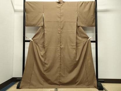 平和屋着物●螺鈿工芸作家　佐野正喜監修　紬　市松地紋　黄橡色　ロング丈　正絹　逸品　CABK2448gh