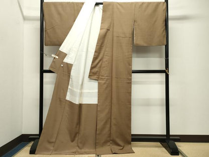 平和屋着物●螺鈿工芸作家　佐野正喜監修　紬　市松地紋　黄橡色　ロング丈　正絹　逸品　CABK2448gh