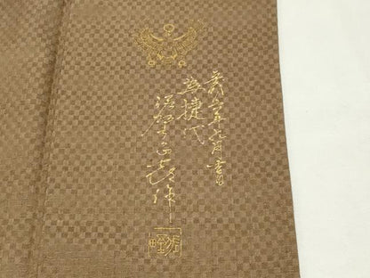平和屋着物●螺鈿工芸作家　佐野正喜監修　紬　市松地紋　黄橡色　ロング丈　正絹　逸品　CABK2448gh