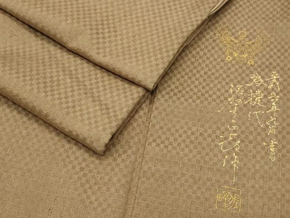 平和屋着物●螺鈿工芸作家　佐野正喜監修　紬　市松地紋　黄橡色　ロング丈　正絹　逸品　CABK2448gh