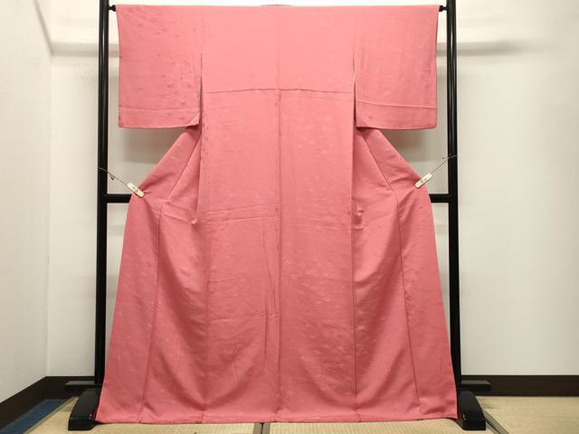 平和屋着物●上質な色無地　舞梅地紋　甚三紅色　ロング丈　正絹　逸品　CABK2450gh