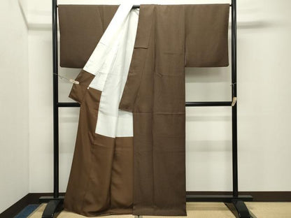 平和屋着物●上質な色無地　市松地紋　黒茶色　金通し地　正絹　逸品　CABK2454gh