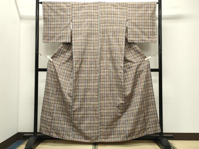 平和屋着物●上質な紬　格子柄　正絹　逸品　CABK2497gh