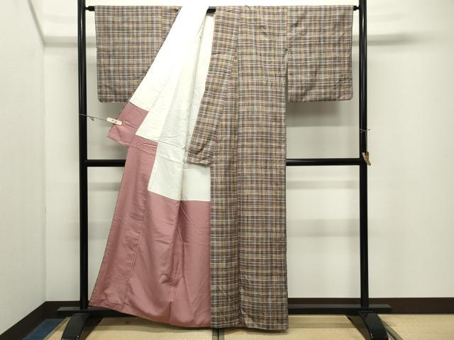 平和屋着物●上質な紬　格子柄　正絹　逸品　CABK2497gh