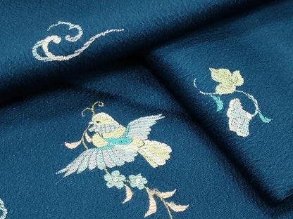 平和屋着物●上質な小紋　総刺繍　花喰い鳥　正絹　逸品　CABK2543gh