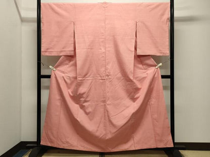 平和屋着物●結城紬　色無地　霞文　珊瑚色　正絹　逸品　CABK2570gh