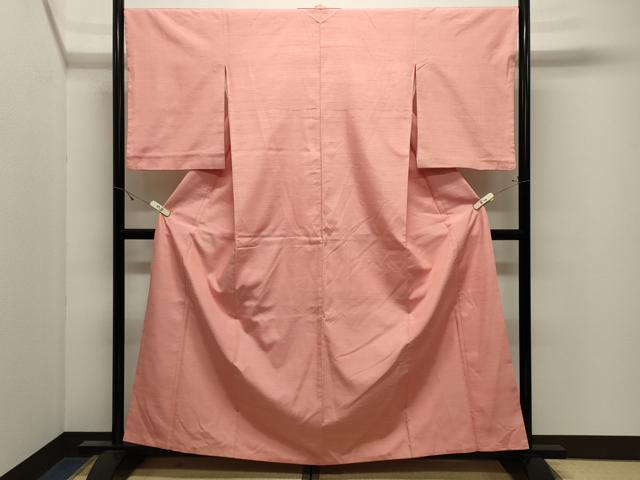 平和屋着物●結城紬　色無地　霞文　珊瑚色　正絹　逸品　CABK2570gh