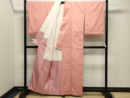 平和屋着物●結城紬　色無地　霞文　珊瑚色　正絹　逸品　CABK2570gh