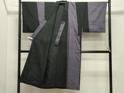 平和屋着物●男性　紬地　間道　黒地　正絹　逸品　CABK2572gh