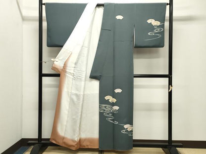 平和屋着物●十日町友禅　女流作家　遠田藤舟　訪問着　流水地紙花文　金彩　正絹　逸品　CABK2579gh