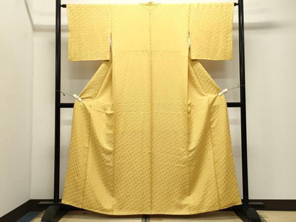 平和屋着物●上質な色無地　幾何学地紋　黄支子色　正絹　逸品　CABK2618gh