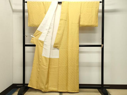 平和屋着物●上質な色無地　幾何学地紋　黄支子色　正絹　逸品　CABK2618gh