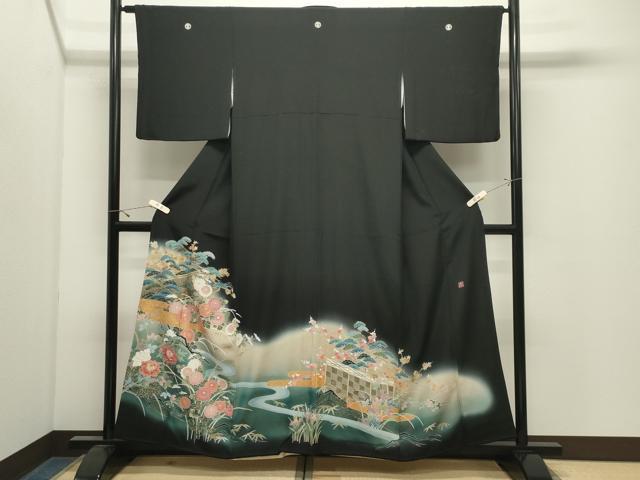 平和屋着物●豪華黒留袖　作家物　刺繍　風景花文　暈し染め　金銀彩　正絹　逸品　CABK2661gh