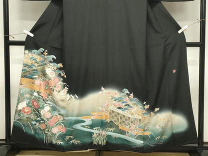 平和屋着物●豪華黒留袖　作家物　刺繍　風景花文　暈し染め　金銀彩　正絹　逸品　CABK2661gh